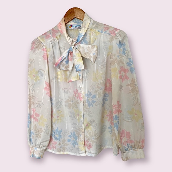 Vintage Pastel Floral Satin Semi Sheer Pussybow Balloon Sleeve Blouse Size M - Picture 7 of 7